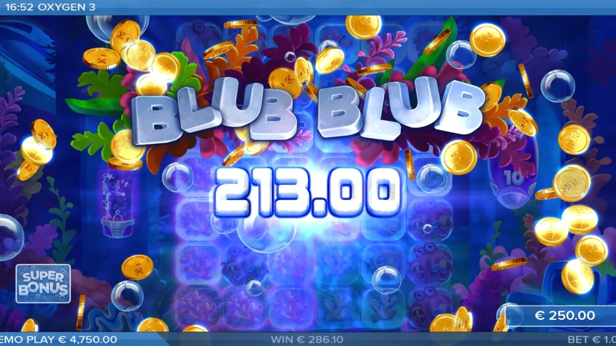 Tampilan visual slot Oxygen 3 dengan latar belakang reruntuhan bawah laut yang futuristik dan penuh warna.
