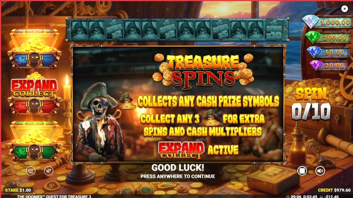 The Goonies Quest for Treasure 3 slot game interface featuring iconic characters and treasure map elements.